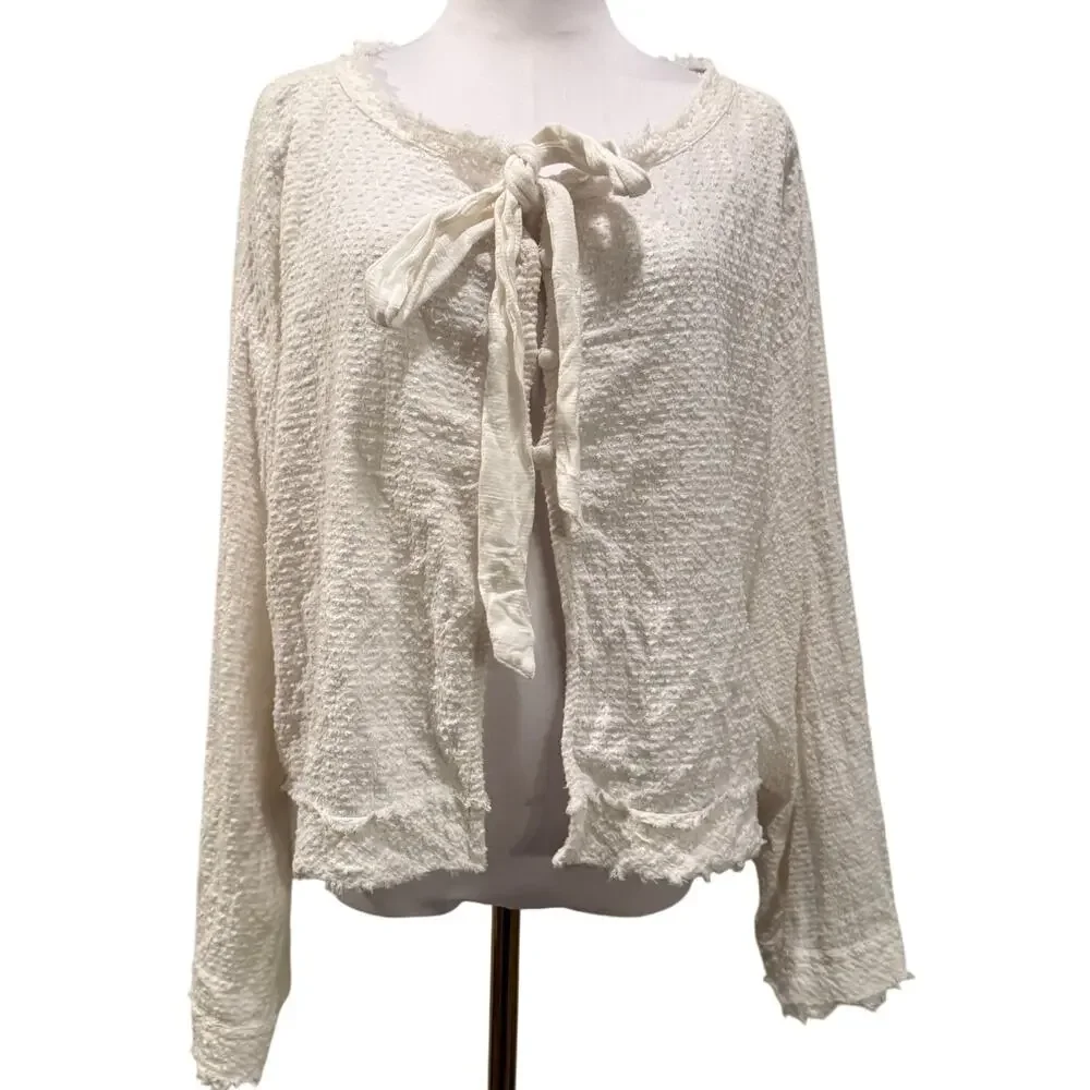 Free People Walkin In Hueco Crop Oversized Tie Button Back Top Medium Boho Ivory